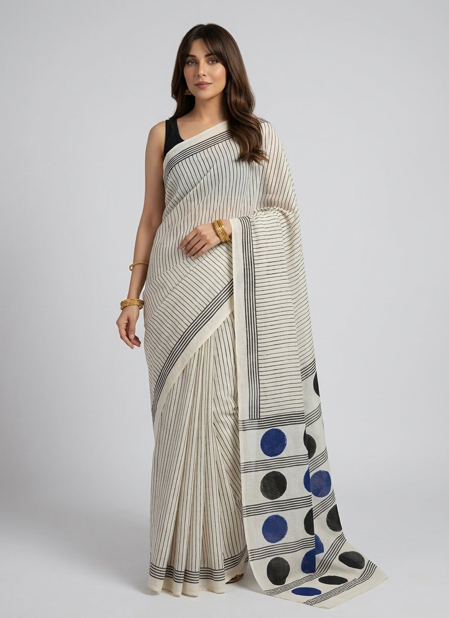 Offwhite & Black Stripe Cotton Saree – Black & Blue Paloo Motifs