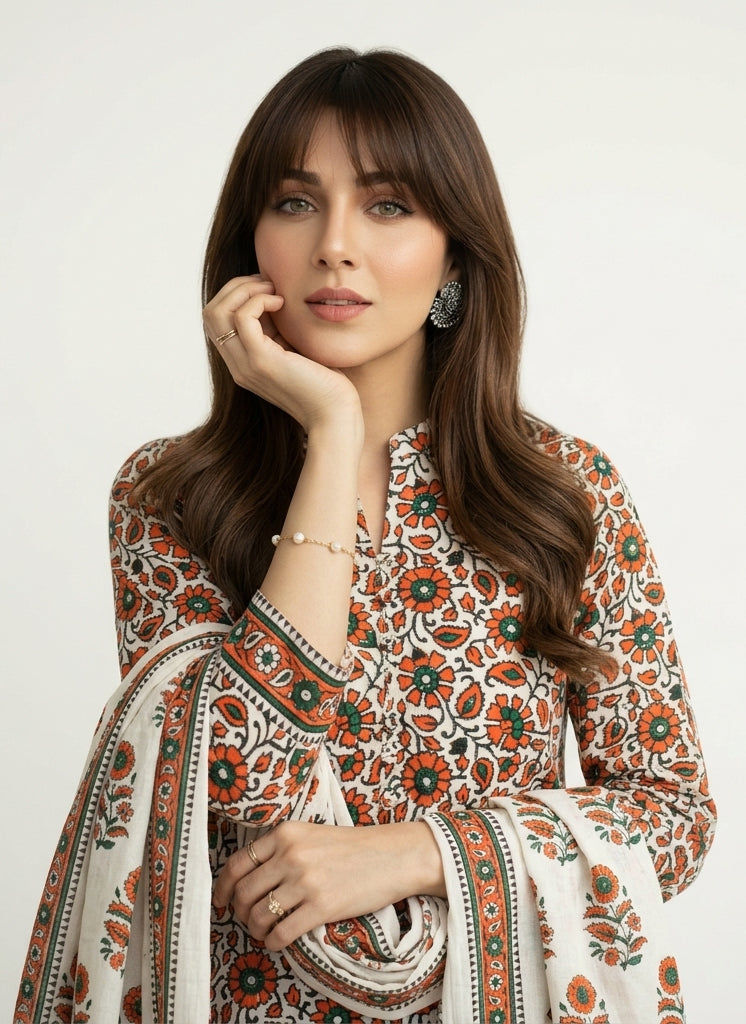 Daisy Flower Orange Hand Block Printed Cotton Two-Piece – Unstitched Shirt & Dupatta