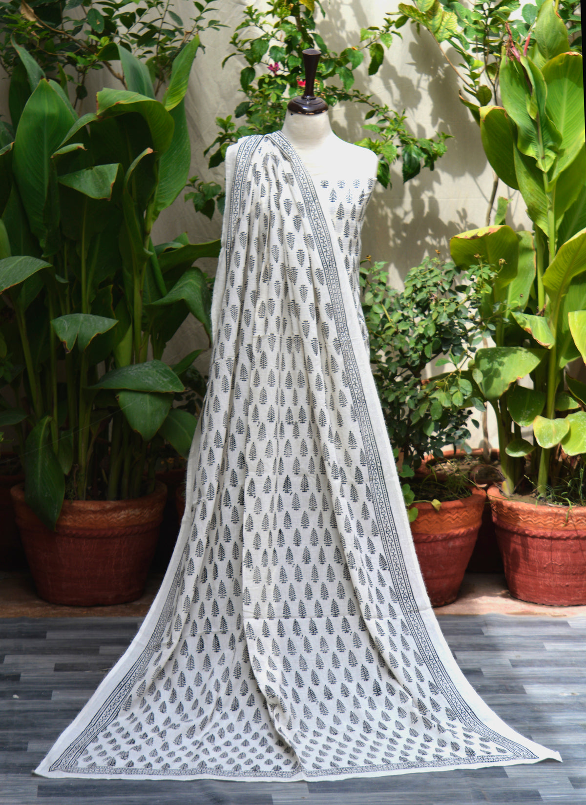 Unstitched black lawn dress with traditional mountain butta hand block print