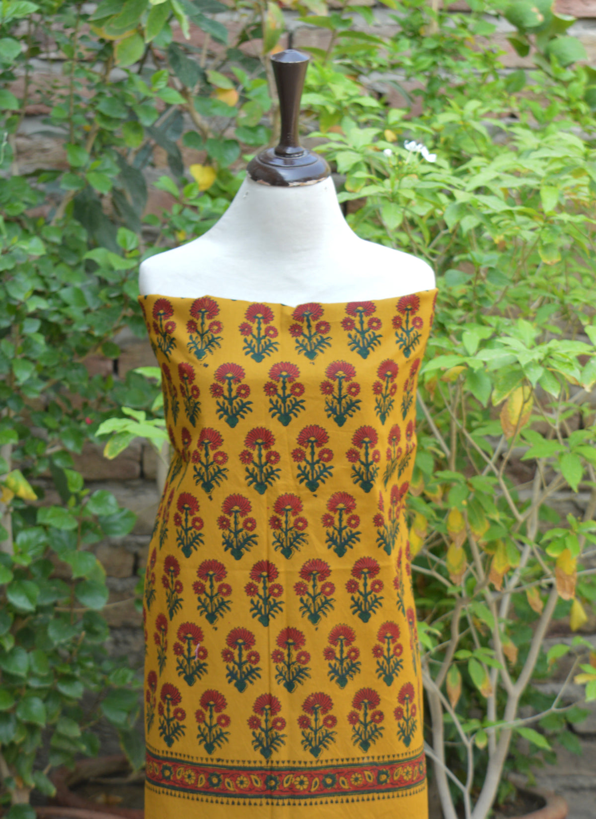 Women's mustard yellow cotton shirt and dupatta featuring traditional hand block printed floral design