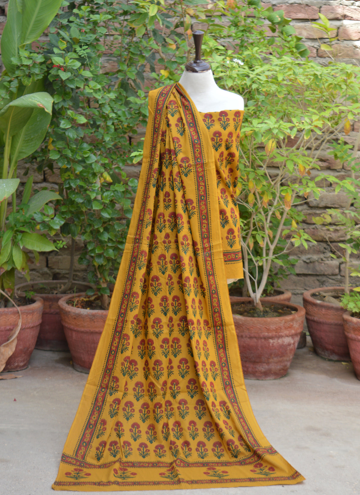 Handcrafted mustard yellow floral block print cotton two-piece for breathable summer wear and custom stitching