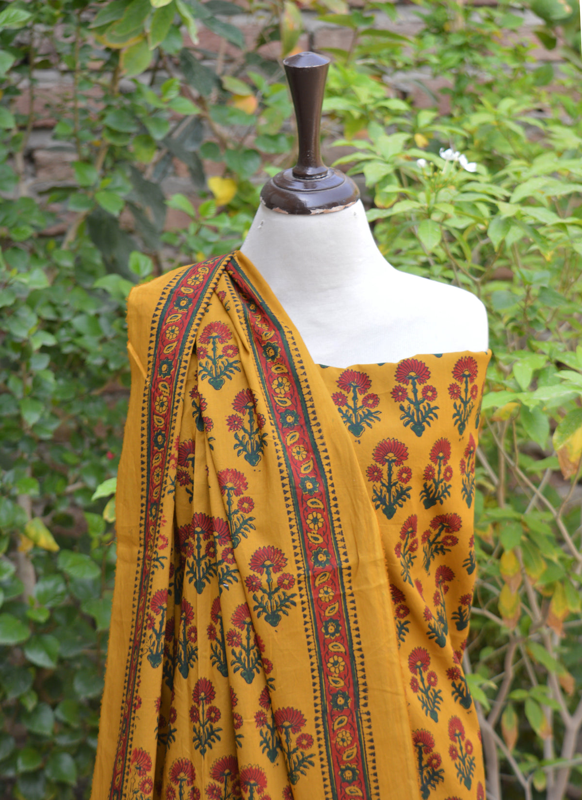 Unstitched floral cotton dress material with mustard yellow base, handmade block print shirt and dupatta