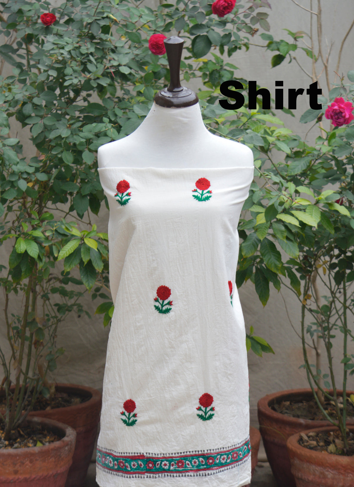 Hand embroidered cotton shirt front with delicate embroidery and hand block printed back bunch