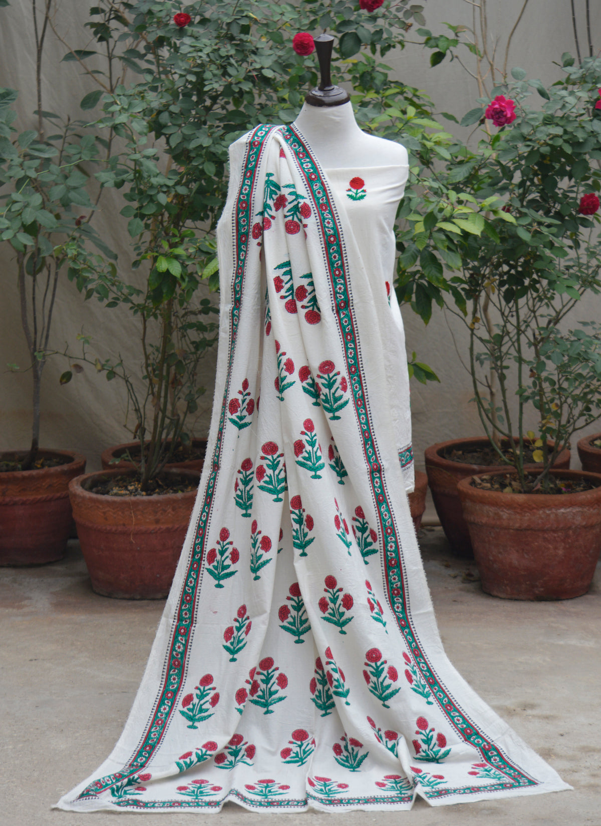 Hand embroidered cotton two-piece with hand block printed shirt back and dupatta Pakistan