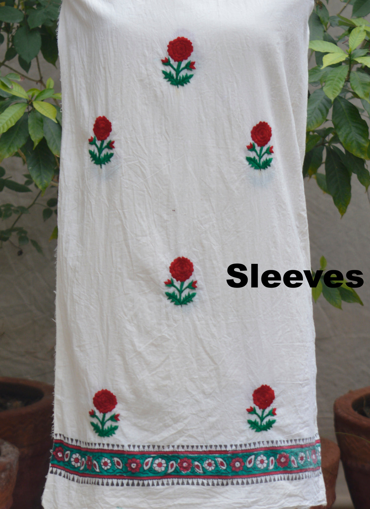 Unstitched cotton suit hand embroidery front sleeves with block printed dupatta