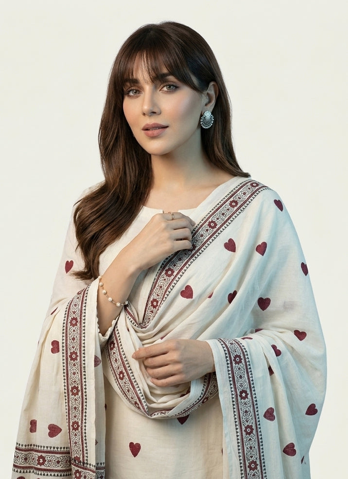 Luxury Hand Block Printed Medium Heart Design Two-Piece – Red on White Premium Cotton Shirt & Dupatta