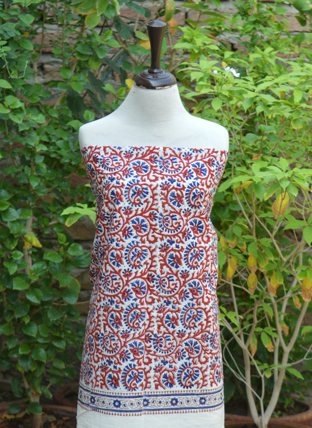 Unstitched cotton shirt and dupatta featuring red blue floral vine hand block print