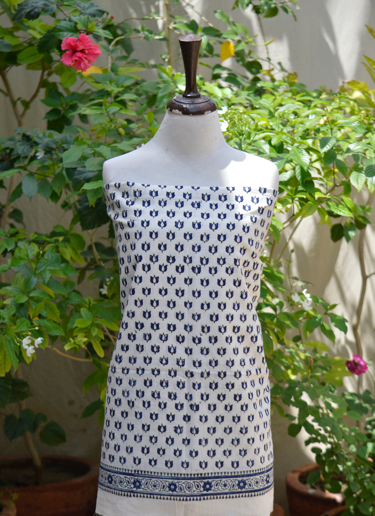 Tiny blue lotus flower hand block printed cotton shirt and dupatta unstitched set