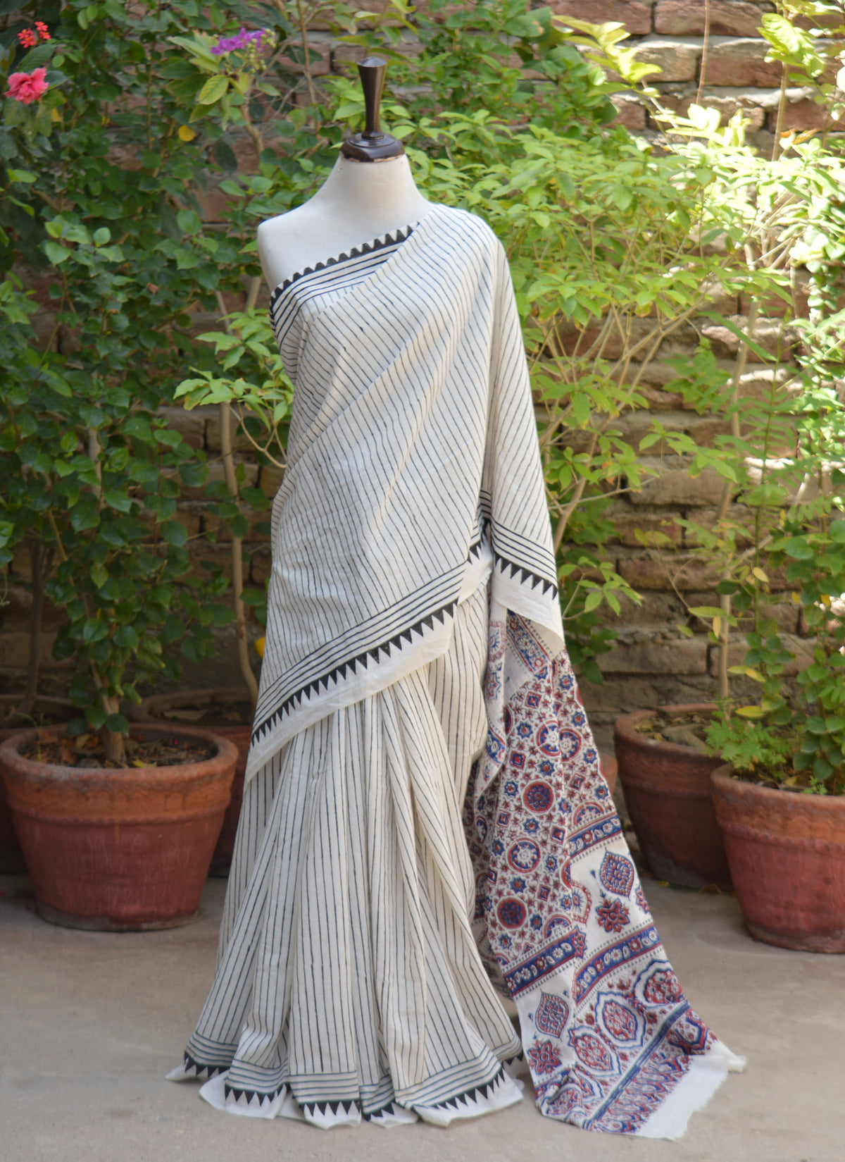 8 Meter Cotton Ajrak Saree with Offwhite Black Stripe design, Maroon Blue motifs and 1 Meter Blouse
