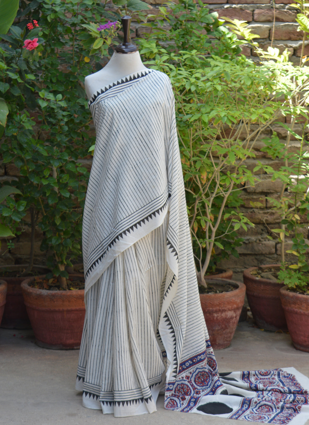 Black Stripe Ajrak Cotton Saree with Indigo Maroon Hand Block Printed Paloo design