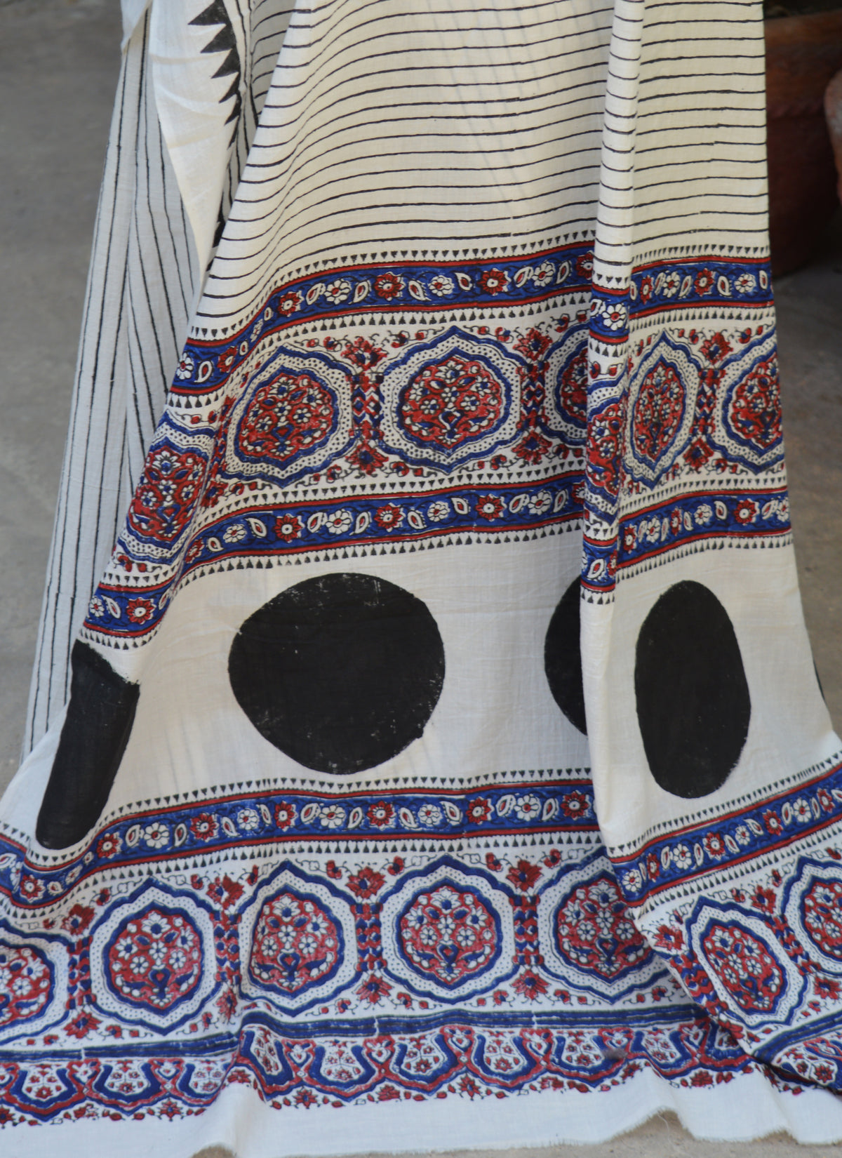 8 Meter Black Stripe Cotton Saree with Indigo Maroon Paloo Ajrak motifs and 1 Meter Blouse