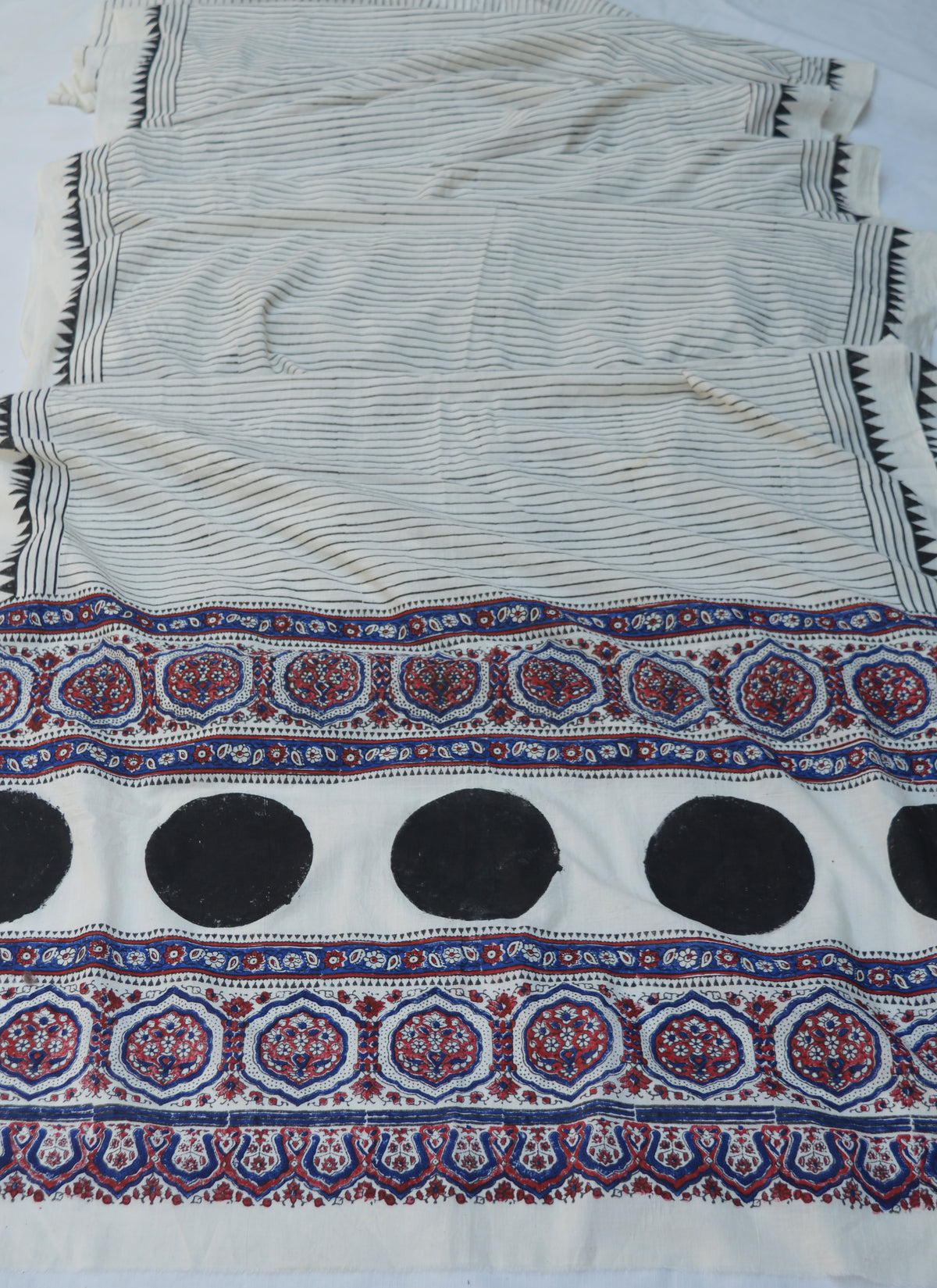 Sindhi Hand Block Printed Cotton Saree with Black Stripe and Indigo Maroon Ajrak motifs