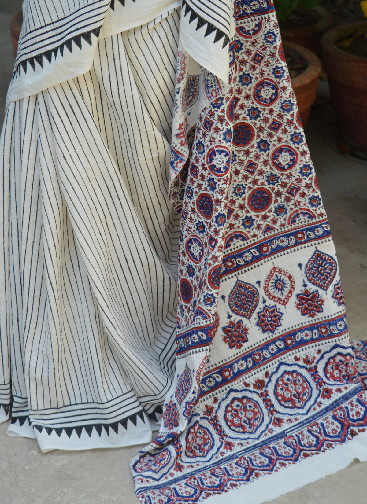 Traditional Sindhi Hand Block Printed Cotton Saree with Paloo Ajrak motifs and Black Stripe blouse