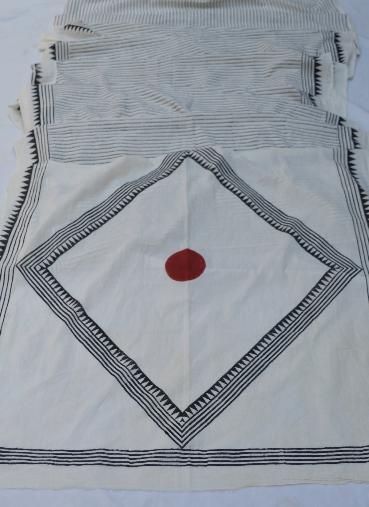 Offwhite Black Stripe Ajrak Cotton Saree with Maroon Circle geometric stripe design