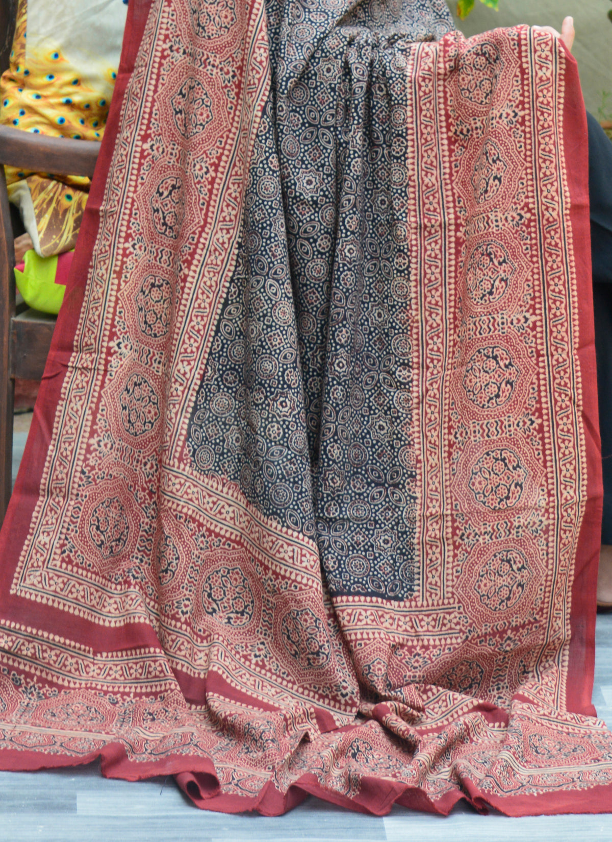 Elegant Sindhi Ajrak Chaadar in black and red, natural dye artisanal odhni for ethnic and cultural fashion.