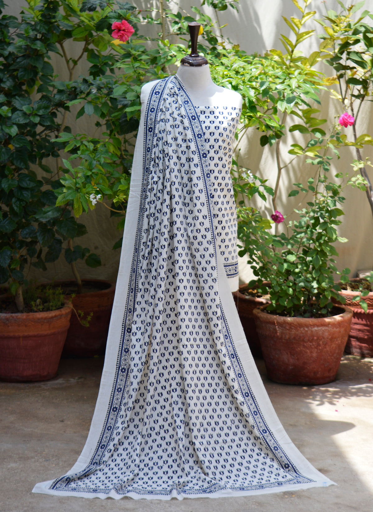 Premium cotton two-piece lotus floral hand block print dress shirt and dupatta