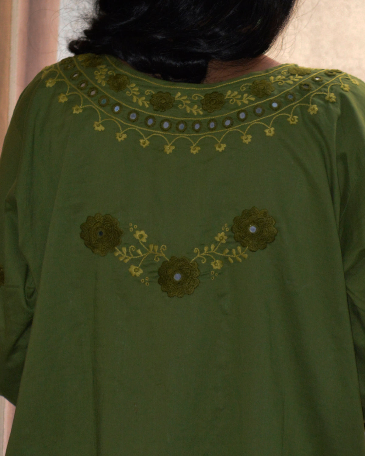 Premium olive green mirror work kurta trouser wedding and festive outfit Pakistan