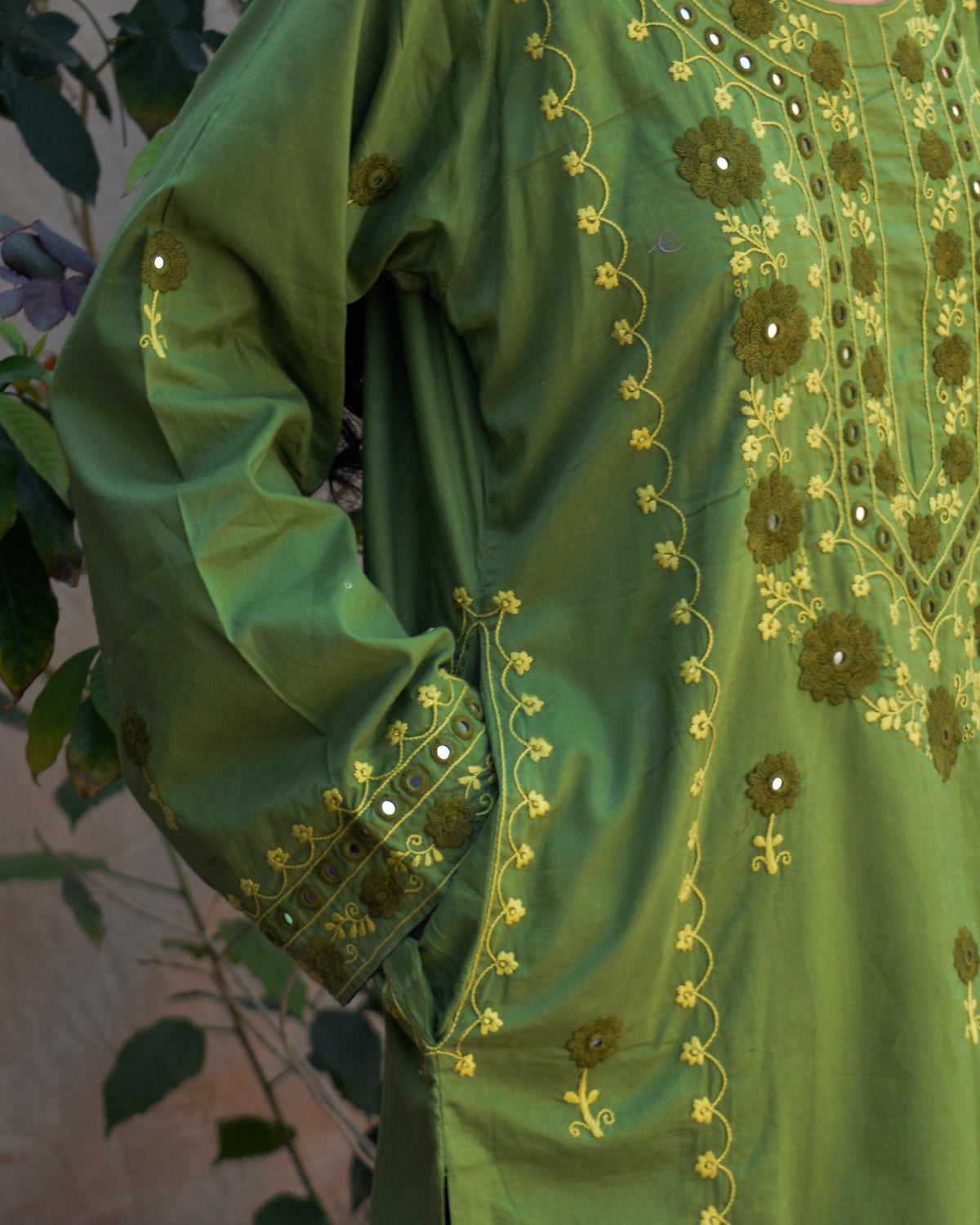 Mirror work dress for women olive green hand embroidered kurta trouser