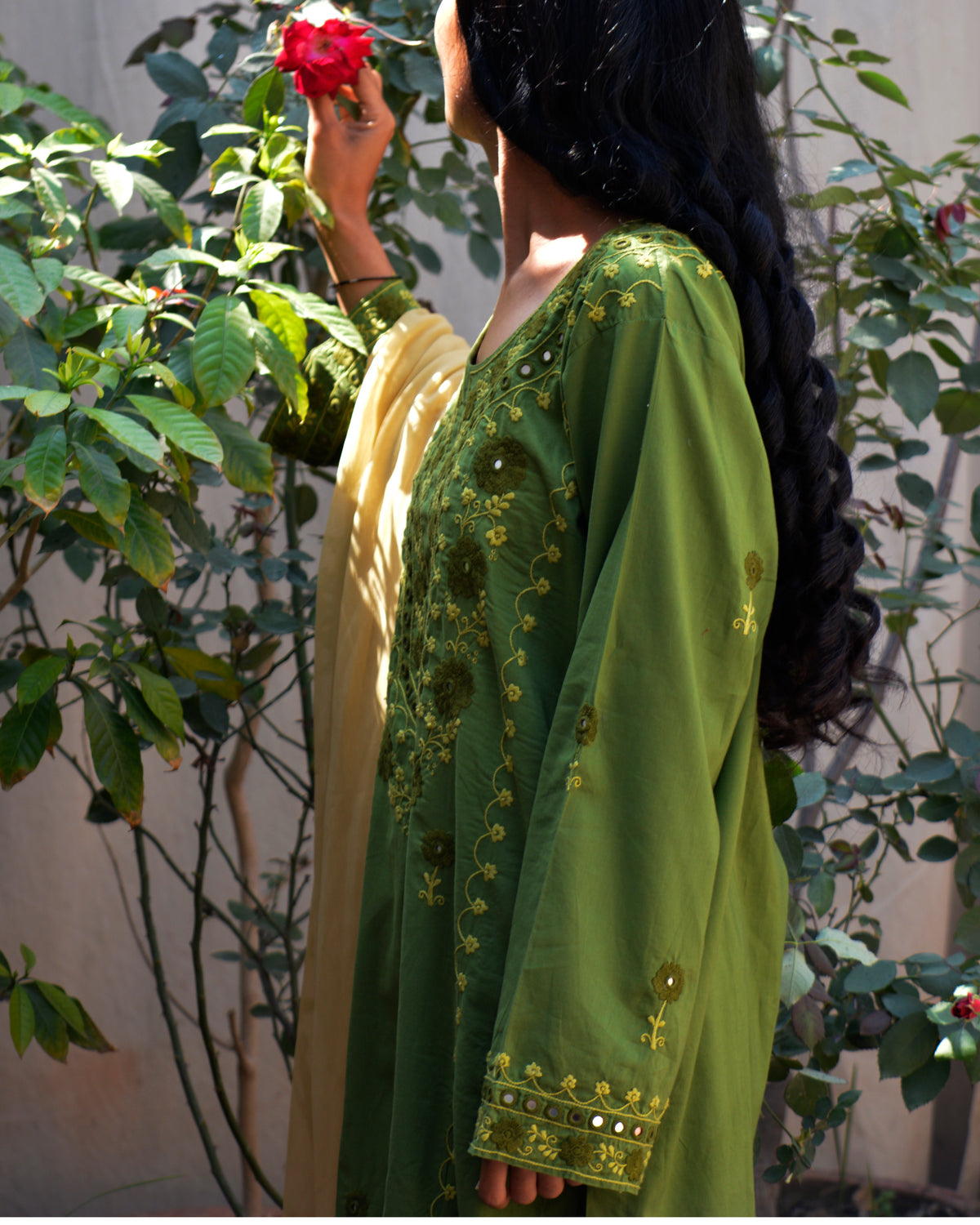 Designer olive green kurta trouser with traditional mirror work embroidery