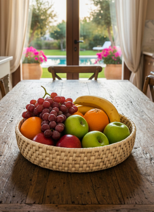 Hand woven palm leaf fruit basket pink with floral motif 11 x 3 inches, Hand Made Basket