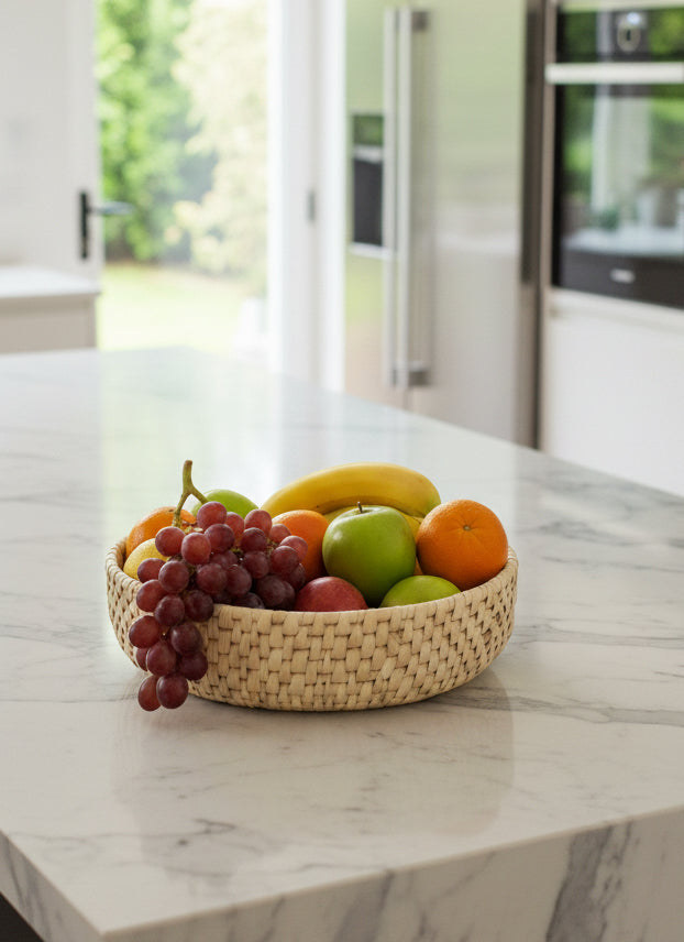 Hand Woven Palm Leaf Blue Geometrical Floral Fruit Basket – Eco Artisan Tray 11×3 Inches