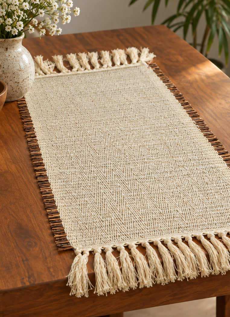Natural hand woven table décor featuring soft thread and coconut fiber stripe craftsmanship