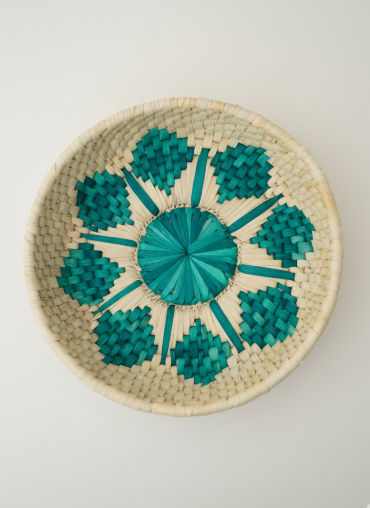 Green palm leaf fruit basket Baaree diamond floral pattern sustainable décor 10.5×3 in