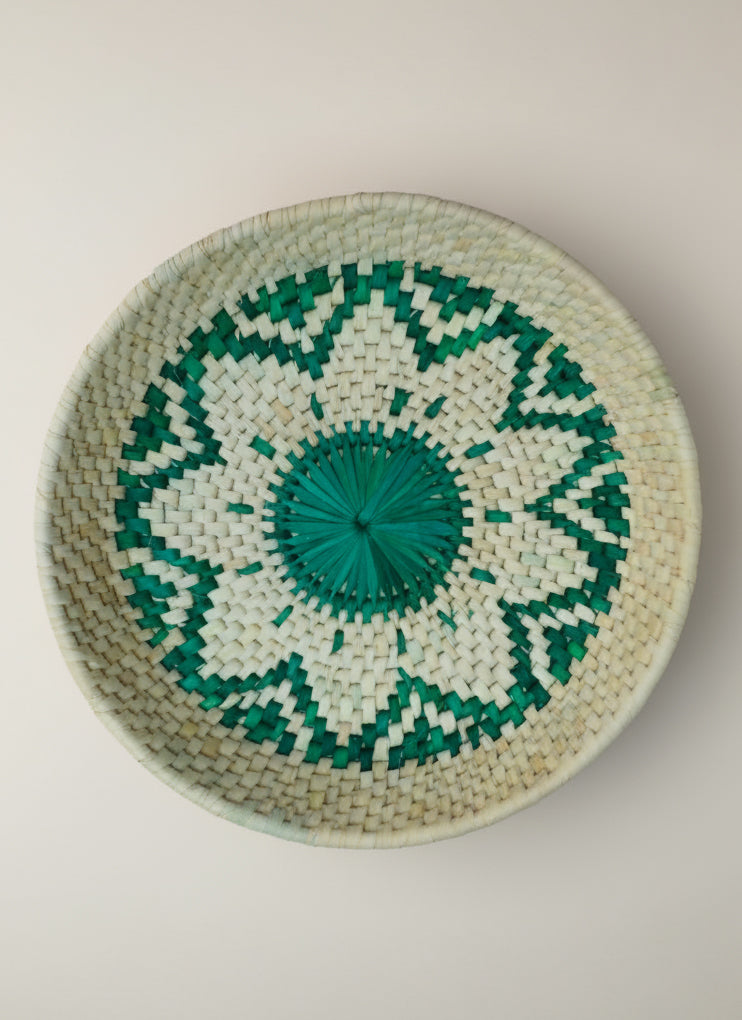 Eco-friendly palm leaf artisan tray green geometric flower design 11.5×2.5
