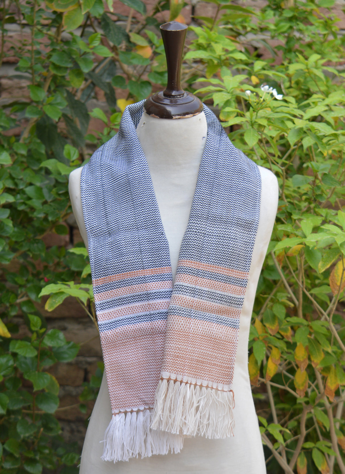 Black and peach geometric handloom hand woven cotton scarf with butterfly