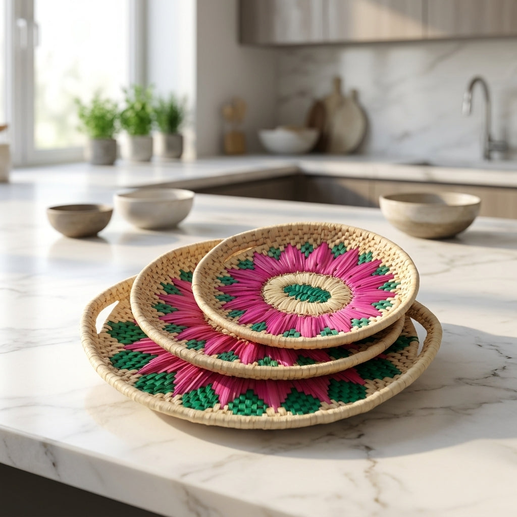 Handwoven Palm Leaf Serving Trays Set of 3 in Small Medium and Large Sizes by Sartiyoon
