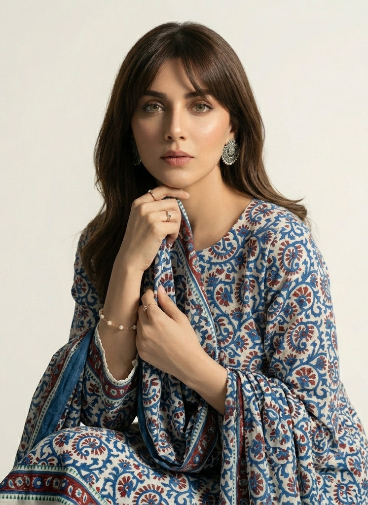 Hand Block Printed Floral Bel Two-Piece (Shirt & Dupatta) – Premium Cotton Ajrak Design Dress