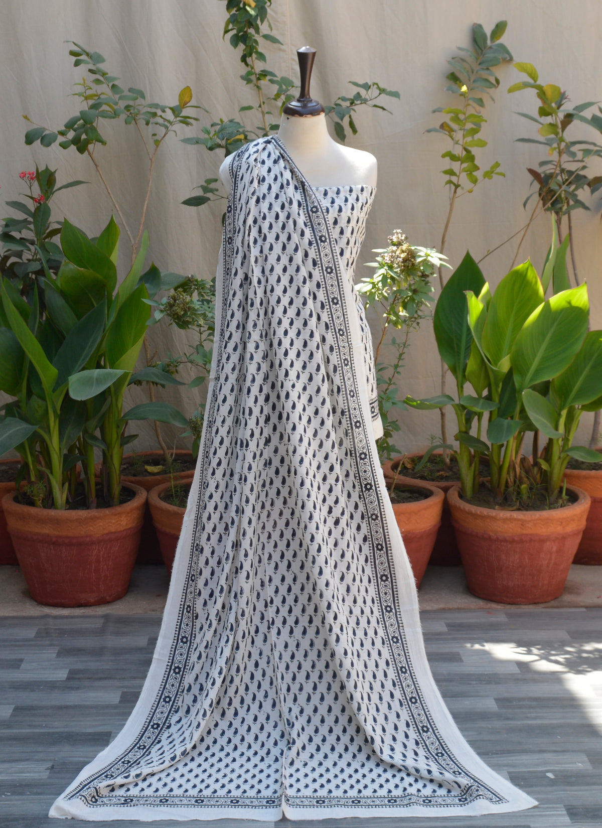 Hand block printed Ajrak Design Dress in Kerry Dark Blue on soft lawn fabric