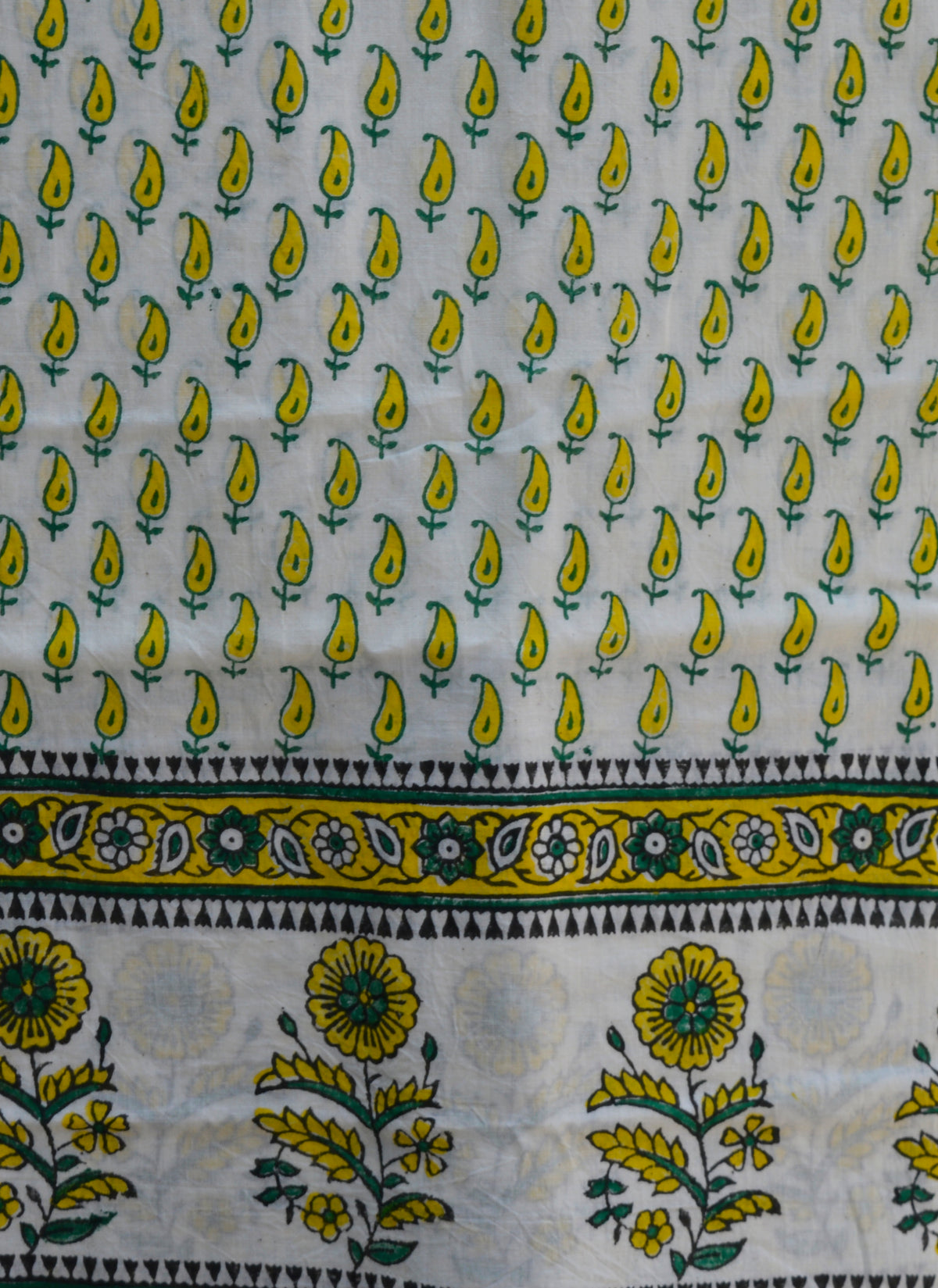 Yellow lawn fabric with traditional Kerry motif, handcrafted using block printing for kurta stitching.
