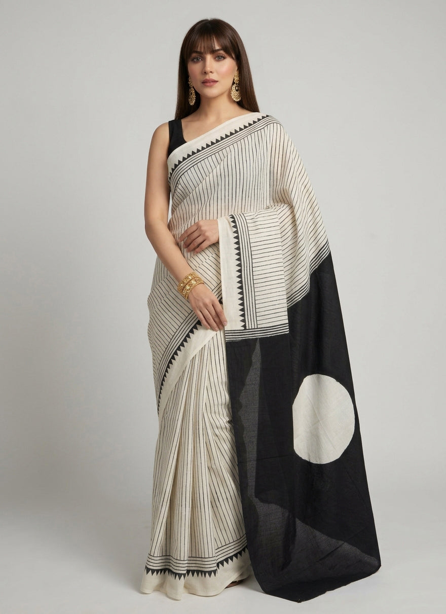 Kora Kinar Hand Block Printed Cotton Saree – Black Geometric Border & Solid Pallu