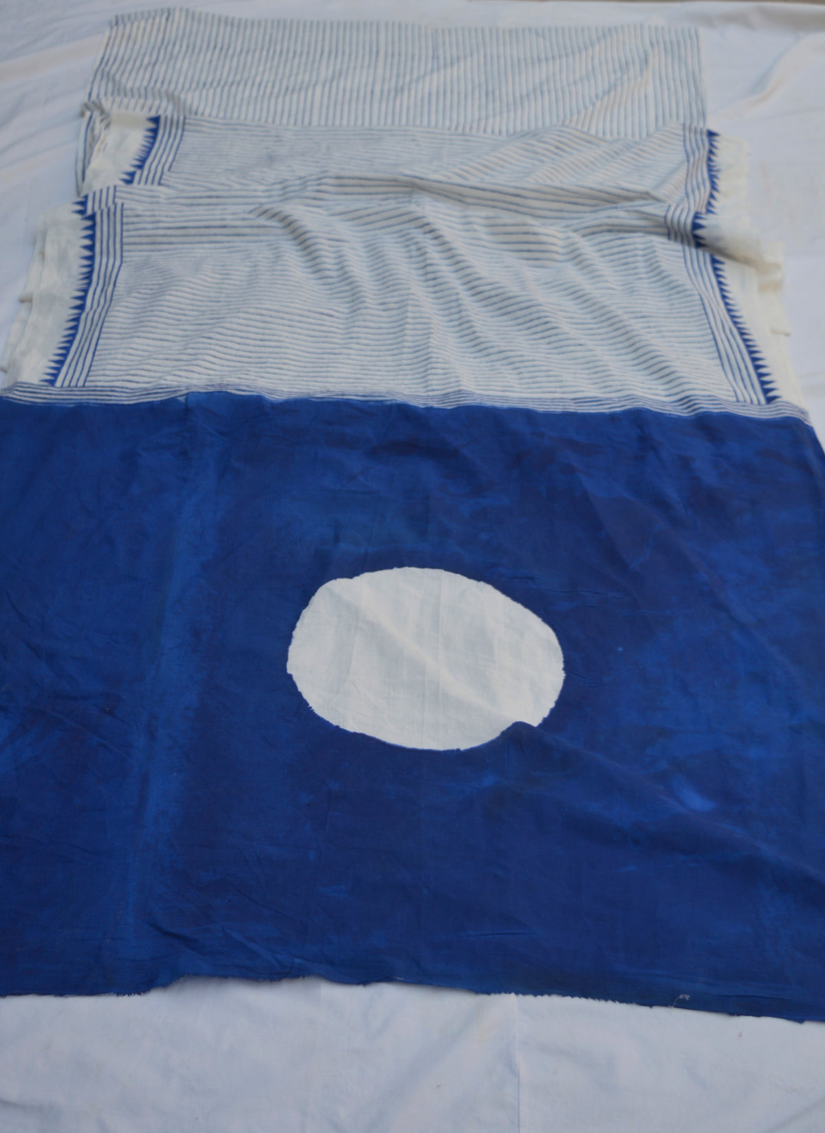 Traditional hand block printed blue cotton saree with geometric border