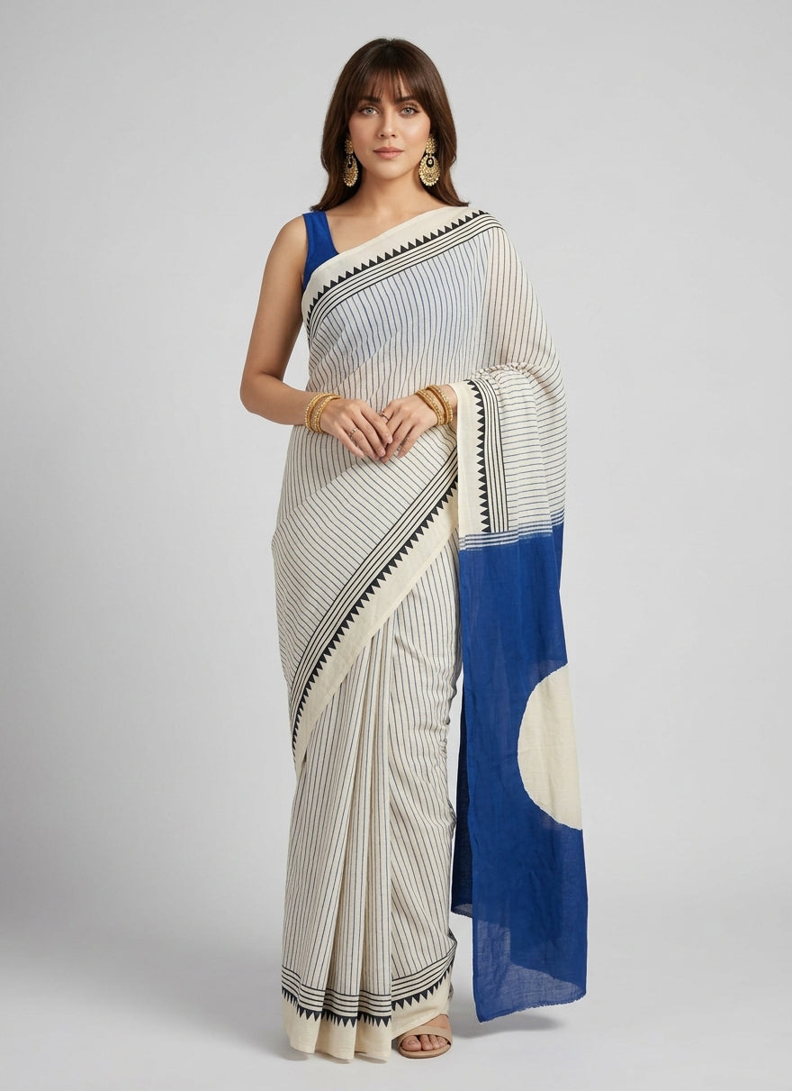 Kora Kinar Hand Block Printed Cotton Saree – Blue Geometric Border & Solid Pallu