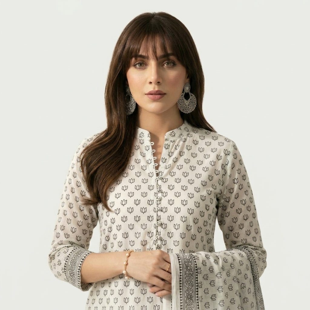 Traditional Block Print Suit with Colorful Botanical Designs