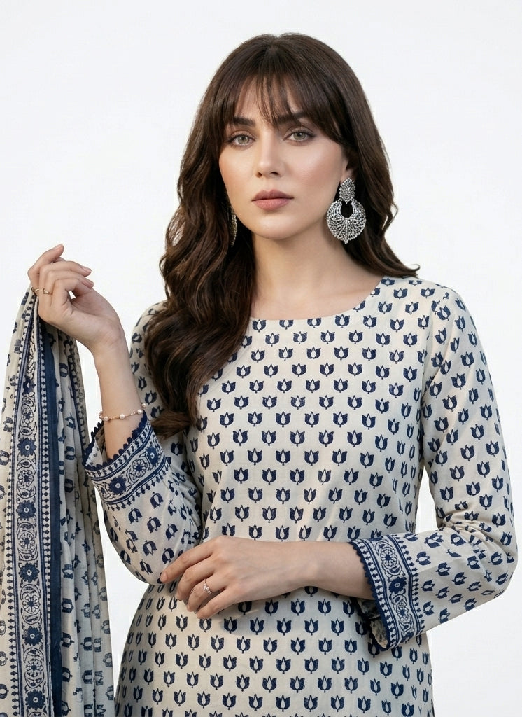 Hand Block Print Lotus Flower Tiny Blue Two-Piece Shirt and Dupatta Premium Cotton Unstitched Set