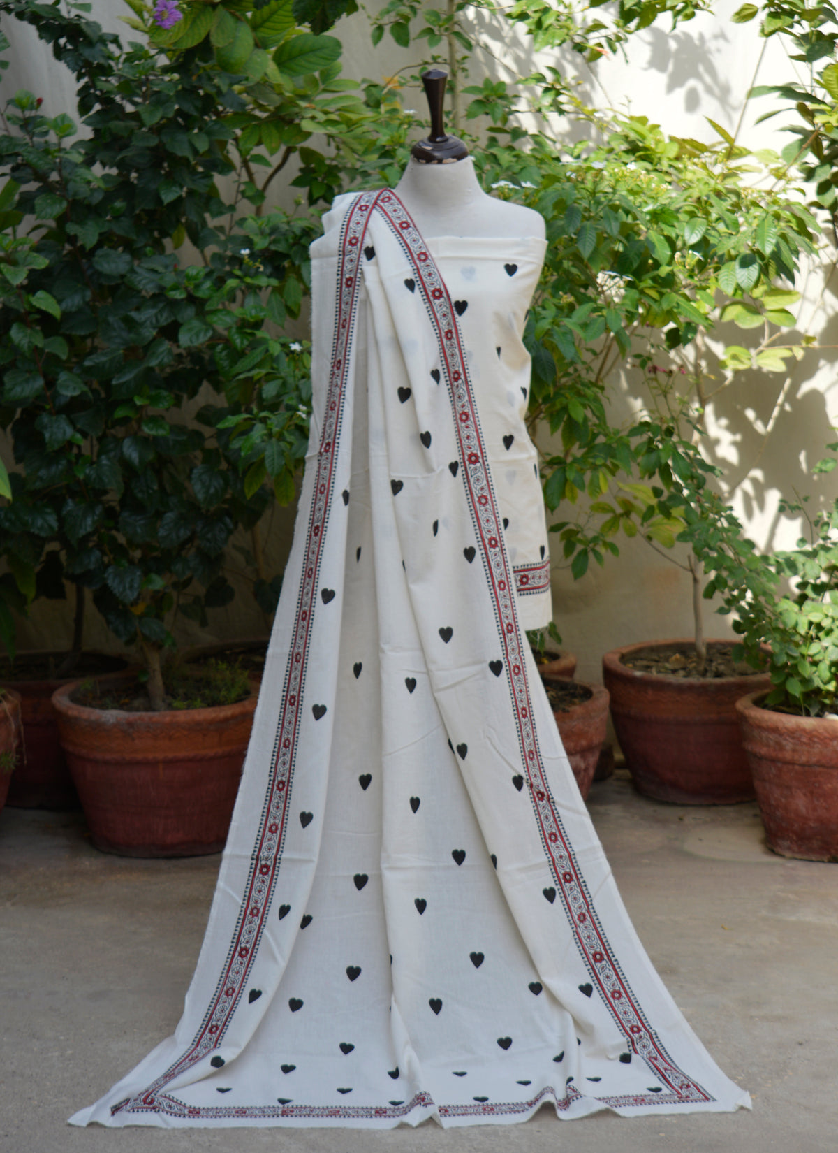 Black heart design unstitched cotton dress fabric with handcrafted block print