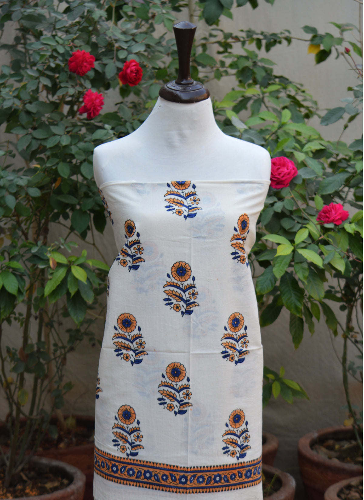 Traditional hand block printed lawn two-piece shirt dupatta margarita flower pattern