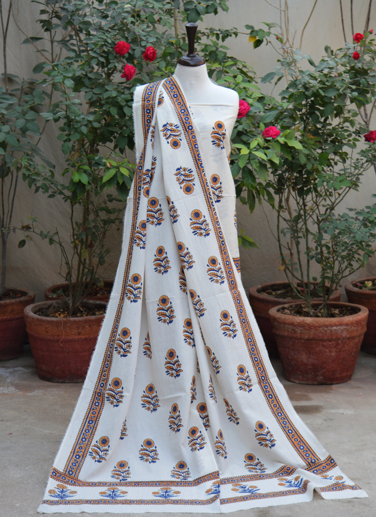 Margarita flower orange hand block printed two-piece lawn suit with shirt and dupatta