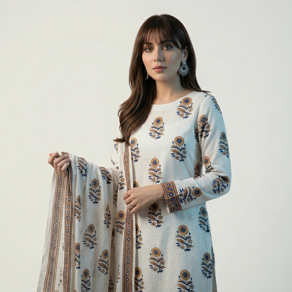 Floral Dress Suit with Contrasting Printed Borders