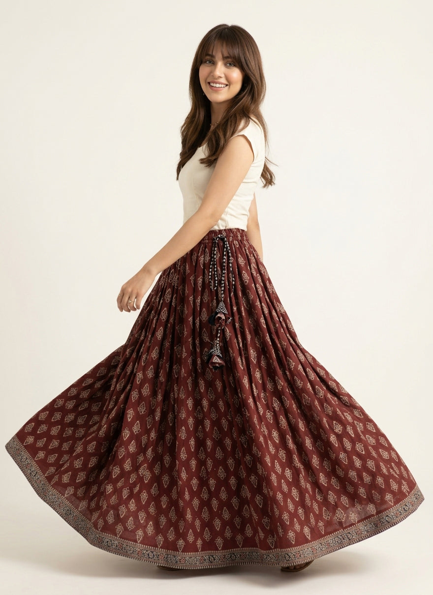 Maroon Floral Butti Ajrak Skirt in Hand Block Printed Lawn with Thread Tassel Dori