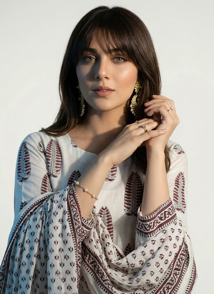 Maroon & White Hand Block Printed Cotton Two-Piece – Unstitched Shirt & Dupatta
