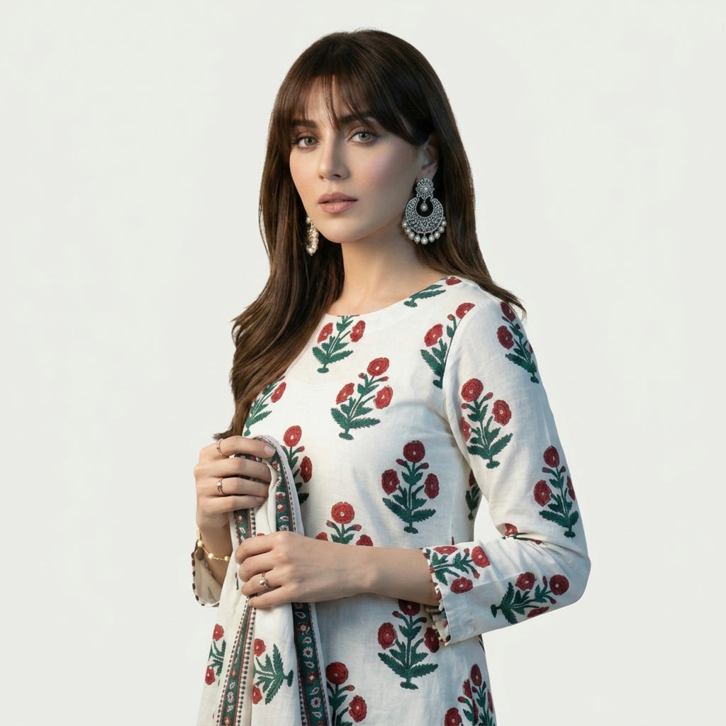 Dress Suit with Daisy-Inspired Block Print Motifs