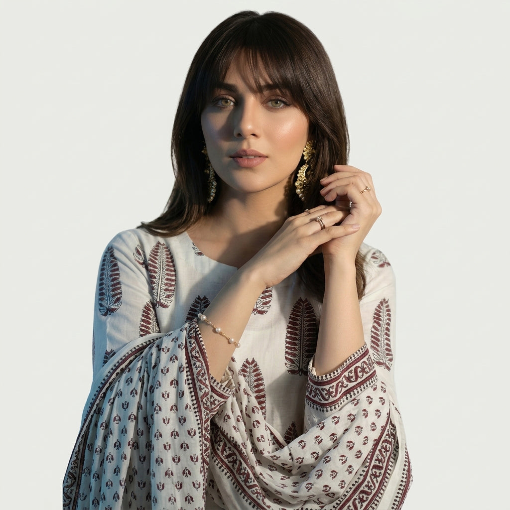 Shirt and Dupatta Suit Set with Floral Block Prints