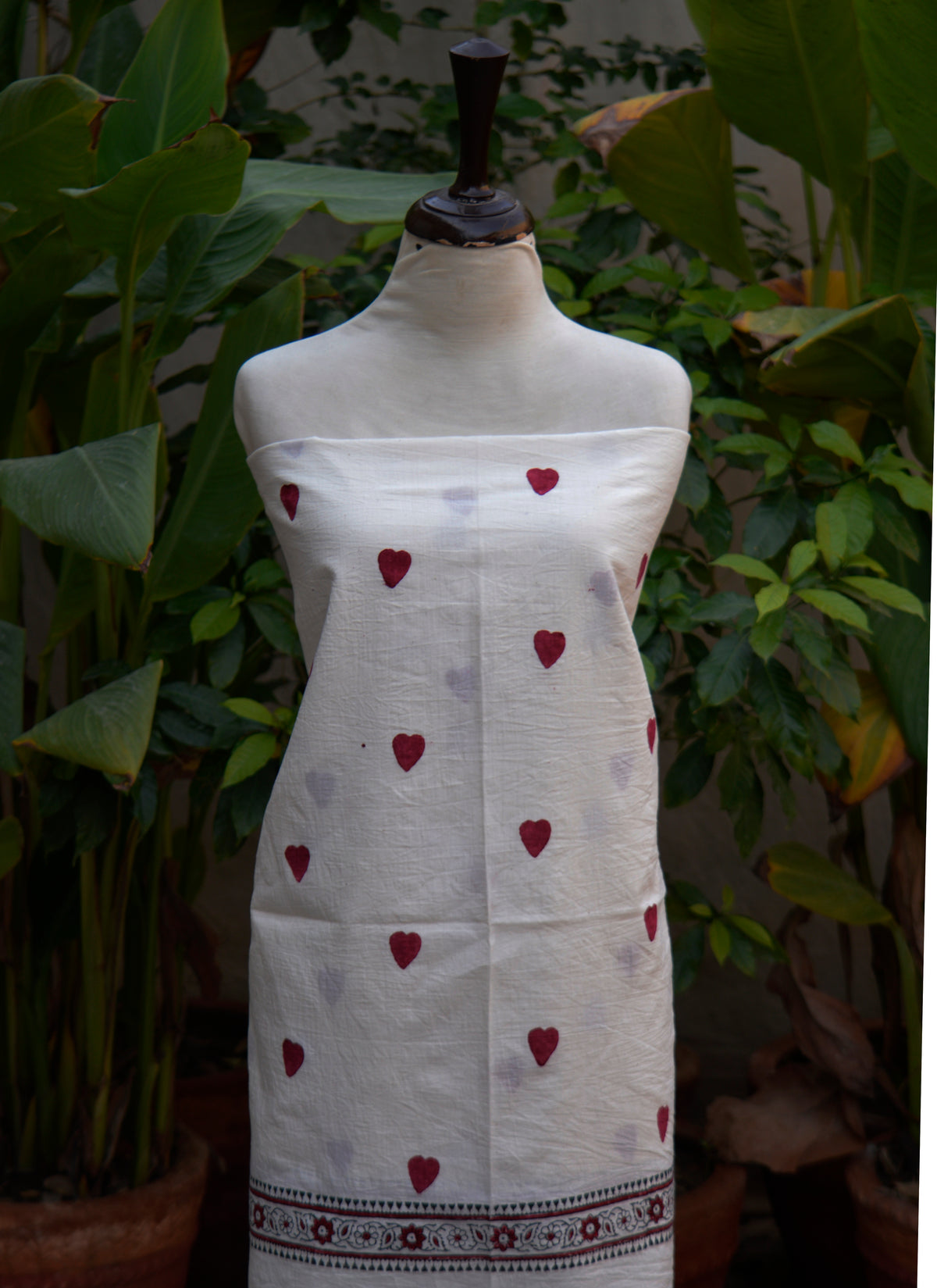 Red medium heart printed designer cotton two-piece unstitched dress with borders