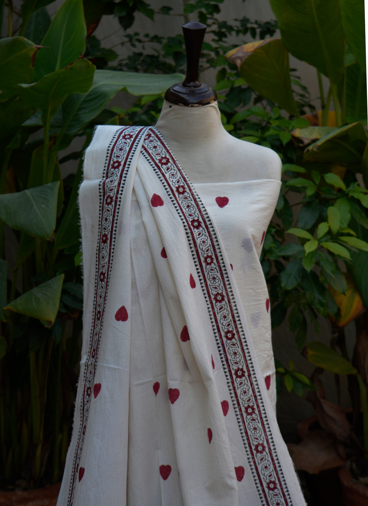 Luxury medium heart motif hand block printed dress in premium white cotton Pakistan