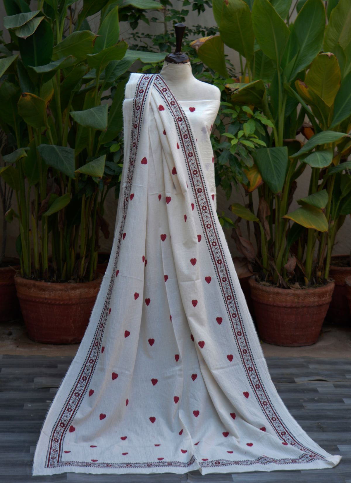 Hand block printed medium heart design cotton two-piece dress red on white shirt and dupatta