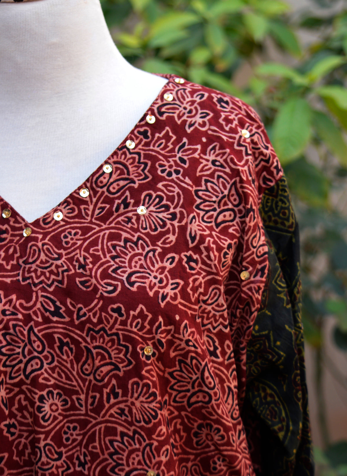 Handcrafted Ajrak festive dress green frock with maroon plazo and traditional sitara work
